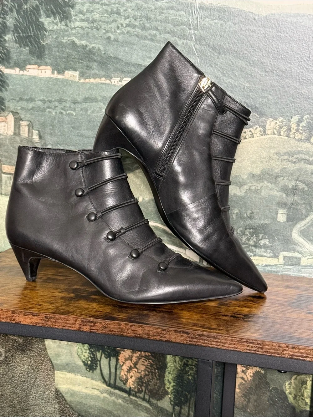 Nine West Classic Victorian Black Leather Pointed Ankle Boots